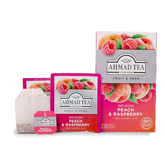 Ahmad Tea Infusions Peach and Raspberry Teabags 20 ct (Pack of 6) - Decaffeinated &amp Sugar-Free