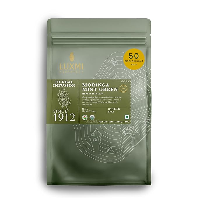 Luxmi Estates Moringa Mint Organic Moringa Mint Green Tea (50 Tea Bags) Caffeine Free Tea Bags For Digestion Detox and Stress Relief With Certified Organic Herbal Tea