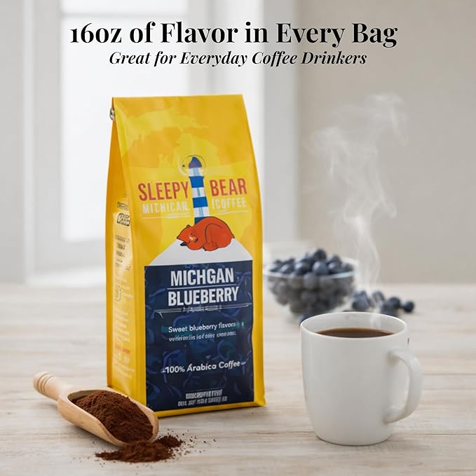 Sleepy Bear Michigan Blueberry Ground Coffee – Flavored Light Roast Arabica Fruit-Flavored Coffee with Real Blueberry Taste No Sugar Added 16oz Recloseable Bag (1 16 oz)