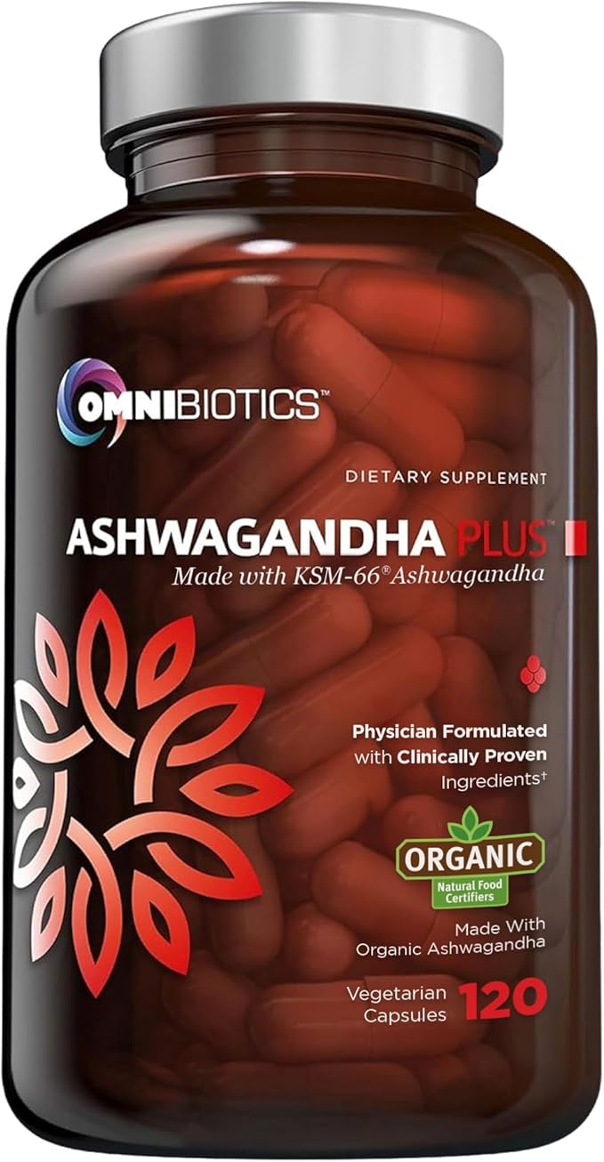 OmniBiotics Organic Ashwagandha Supplement – 1300mg Total Strength – 900mg Organic Root Powder &amp 400mg KSM-66 Extract – Stress Relief Mood &amp Sleep Support – Non-GMO – 120 Vegan Capsules