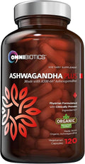 OmniBiotics Organic Ashwagandha Supplement – 1300mg Total Strength – 900mg Organic Root Powder &amp 400mg KSM-66 Extract – Stress Relief Mood &amp Sleep Support – Non-GMO – 120 Vegan Capsules