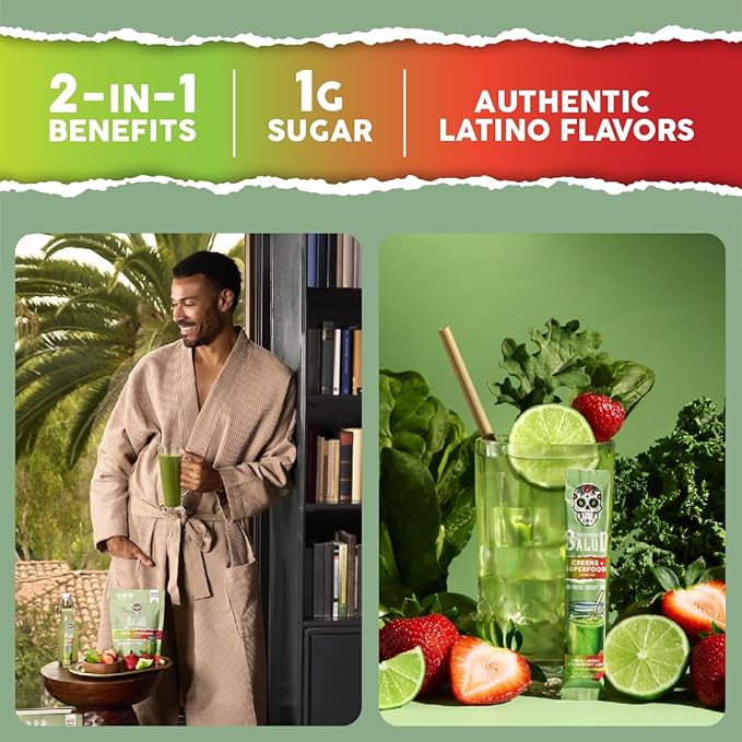 Salud 2-in-1 Greens Powder + Superfood Drink Mix Packets 20+ Fruits and Veggies Probiotics Prebiotics Supports Digestive Health Bloating Relief Vegan Strawberry Lime (15 Servings)