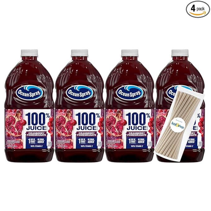 Ocean Spray 100% Cranberry Pomegranate Fruit Juice No Added Sugar 64 fl oz 4 Pack + 15 Sugarcane Disposable Straws by KOOL8SHOP Infinite Deals