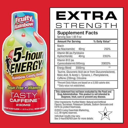 5-hour ENERGY Extra Strength Shots Birthday Cake Fruity Rainbow Cotton Candy Variety Pack 1.93 Fl oz 30 Bottles (12 Cotton Candy 12 Birthday Cake and 6 Fruity Rainbow)
