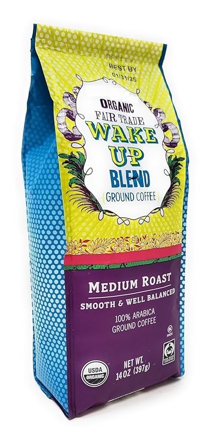 Organic Fair Trade Wake Up Blend Ground Coffee Medium Roast Smooth &amp Well Balanced 100% Arabica Ground Coffee - Pack of 1