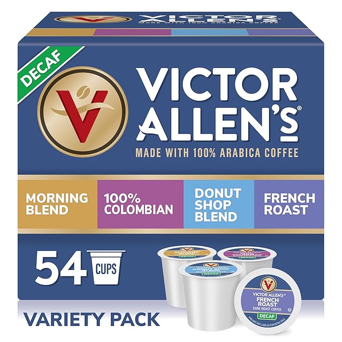 Victor Allen's Coffee Decaf Coffee Variety Pack (Decaf Donut Shop Blend Morning Blend French Roast 100% Colombian) 54 Count Single Serve Coffee Pods for Keurig K-Cup Brewers