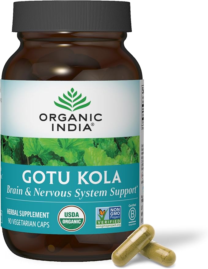 ORGANIC INDIA Gotu Kola Herbal Supplement - Adaptogen for Brain &amp Nervous System Support Vegan Gluten-Free Kosher USDA Certified Organic Non-GMO Calming Mental Clarity - 90 Capsules