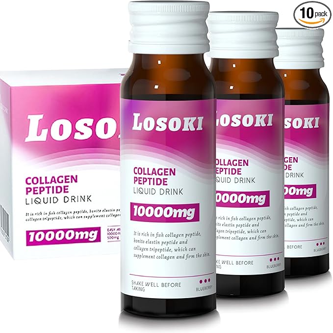 Losoki Liquid Collagen Peptide Drink - 10000mg Hydrolyzed Marine Collagen Peptides with Vitamin C Premium Blend Promote Healthy Hair Skin Nails Joints Bones (1 Box 10 Bottles)