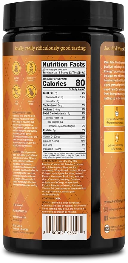 Perk Energy Drink Mix (Pumpkin Butter Pecan) 20 Servings - Caffeinated Healthy Coffee Alternative with Protein 100mg of Caffeine Gluten-Free Soy-Free Peanut-Free