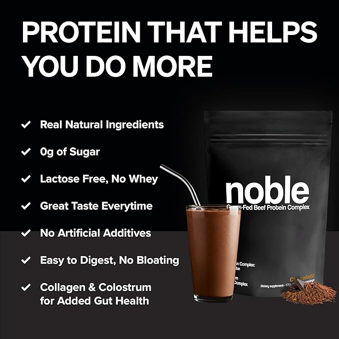 Noble All-in-One Chocolate Protein Powder 21g Grass-Fed Beef Protein &amp Collagen Colostrum &amp Organ Blend Whey-Free Seed Oil-Free Zero-Carb 30 Servings (1.75lbs)