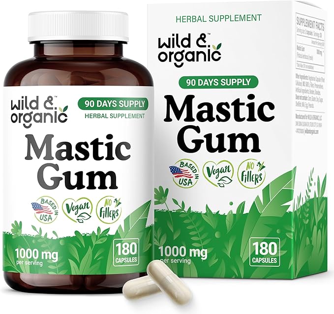 Wild &amp Organic Mastic Gum Capsules - 1000 mg Mastic Gum Resin Supplement for Gut Support - 90 Days of Supply - 180 Vegan Capsules - No Fillers Non-GMO Gluten-Free
