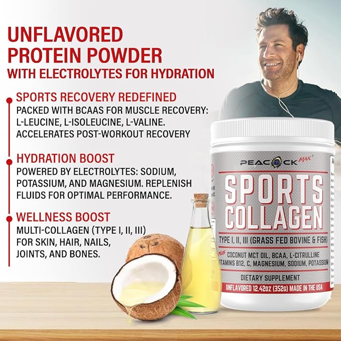 Sports Collagen Powder 12.42 oz Pack of 2 - Grass Fed Bovine &amp Wild Fish Hydrolyzed Type I II III Multi Collagen Peptides Unflavored Protein Powder with BCAA Magnesium &amp Electrolytes