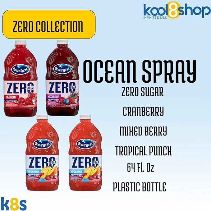Ocean Spray Zero Sugar Zero Collection Fruit Juice Drink 64 fl oz 4 Pack + 15 Sugarcane Disposable Straws by KOOL8SHOP Infinite Deals