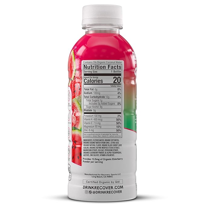 RECOVER 180 Organic Sports Hydration Drink No Sugar Added 20 Calorie Sports Beverage Organic Flavors With Vitamins Potassium-Packed Electrolytes (16.9 Fl Oz (Pack of 12) Watermelon)