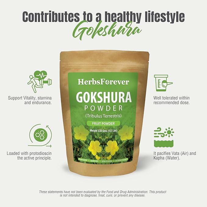 HerbsForever Gokshura(Tribulus Terrestris) Powder Fruit -for Vitality Urinary Health Muscle Mass- Wild Harvested Non GMO Vegan 2X Potency | Ultra Clean |NO Sand &amp Mud| Steam Sterilized| 8oz-1/2