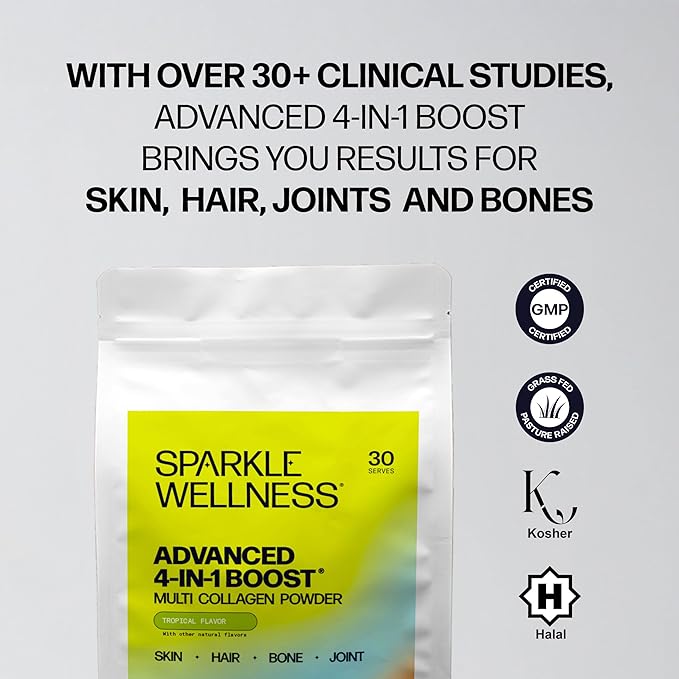 Sparkle Wellness Advanced 4 in 1 Boost | Clinically Tested Multi Collagen Powder with VERISOL FORTIBONE FORTIGEL TENDORFORTE | Skin Bone Joint Health | Tropical