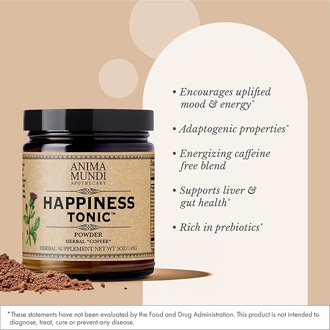 Anima Mundi Apothecary Herbal Coffee Substitute with Chicory Root &amp Ashwagandha Powder - Happiness Tonic Coffee Powder - Adaptogenic Caffeine Free - Maca St. John's Wort &amp More (5oz / 141g