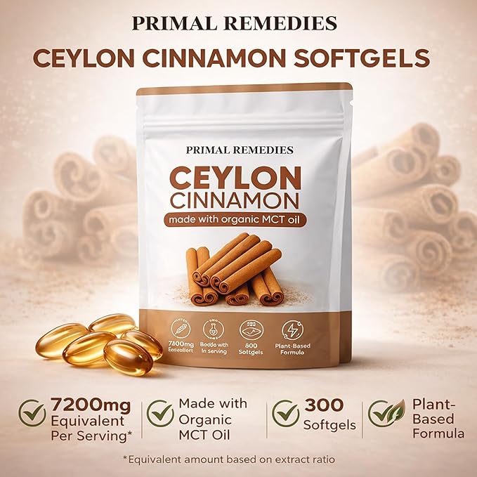 Primal Remedies Ceylon Cinnamon Capsules – 300 Softgels Equivalent Per Serving Cinnamomum Verum Bark Extract Clean Plant Based Supplement for Daily Wellness Routine (1)