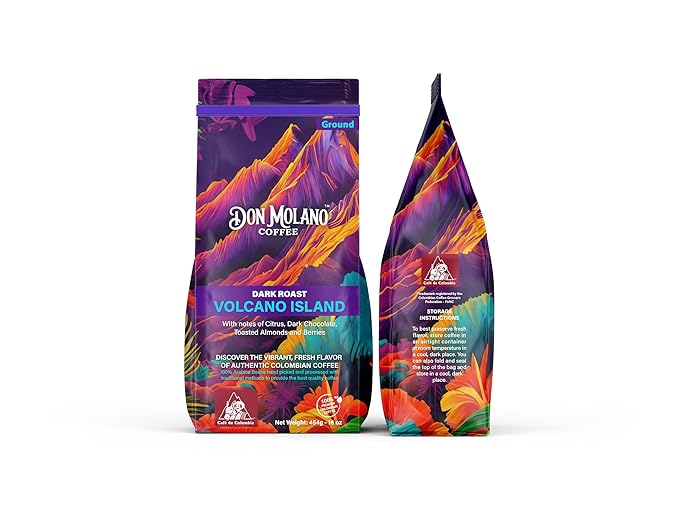 Don Molano Coffee Volcano Island Dark Roast 16oz - Premium Colombian Coffee Halal Certified - Rich bold and full bodied with a deep velvety smoothness and smokey sweetness with notes of Toasted Alm
