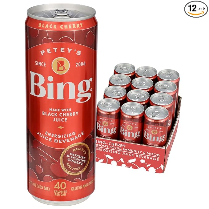 BING Energizing Juice Beverage – Original Cherry (12oz/12pk) – Made with REAL Juice! Low Calorie 5 B-Vitamins &amp Ginseng Energizes with 120mg Caffeine + Taurine Vegan Gluten + Dairy Free. DELIC