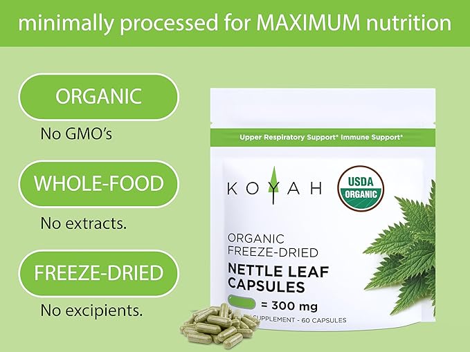 KOYAH - Organic Stinging Nettle Leaf Capsules – Freeze-Dried – 300 mg (2400 mg Fresh) Upper Respiratory Support &amp Immune Support - 60 Capsules