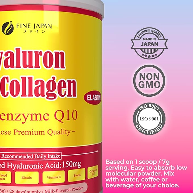 FINE JAPAN Premium Marine Collagen Powder with Hyaluronic Acid CoQ10 &amp Elastin - Non-GMO - 30 Servings (196g / 6.9oz)