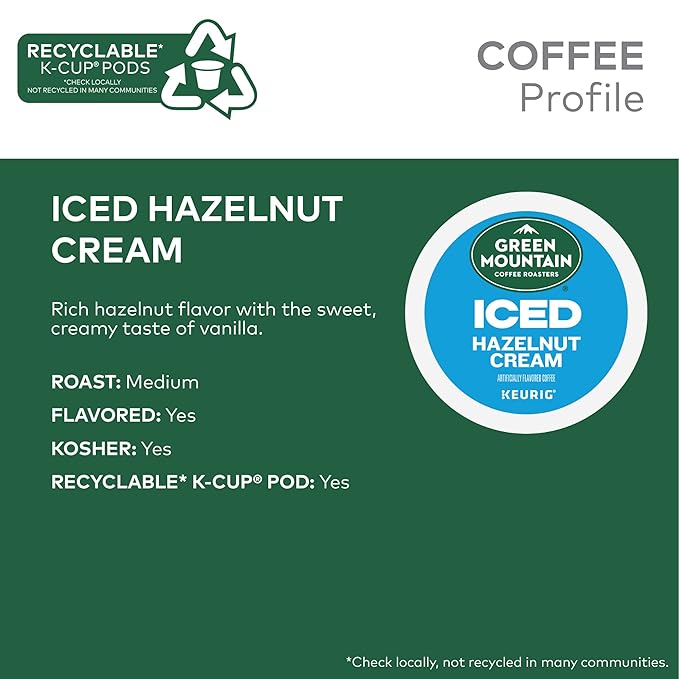 Green Mountain Coffee Roasters ICED Hazelnut Cream Single Serve Keurig K-Cup Pods Flavored Iced Coffee 60 Count (6 Packs of 10)