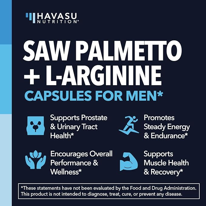 Saw Palmetto 500mg and L-Arginine 500 mg - Prostate Health and Nitric Oxide Supplements for Men - 60 Count - Urinary Function Support and Endurance for Active Males - Vegan Non-GMO 1 Month Supply