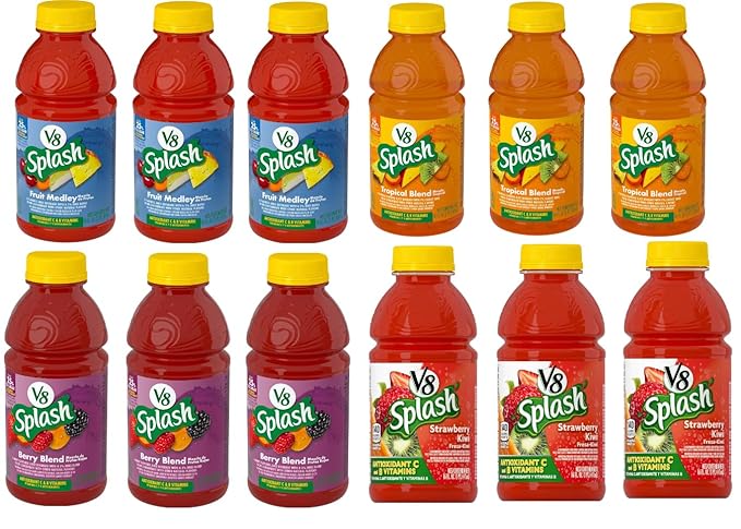 V8 Splash Juice Variety Pack - 12 Pack (3 Bottles of Each Flavor) - 16oz Bottles - Fruit Medley Berry Blend Tropical Blend Strawberry Kiwi - Refreshing and Delicious Fruit Flavored Drinks - Perfect