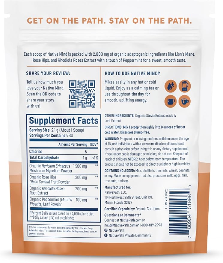 NativePath Native Mind Organic Adaptogen Herbal Support Blend - Organic Mushroom Drink Powder with Lion's Mane Rhodiola &amp Rose HIPS - 30 Servings