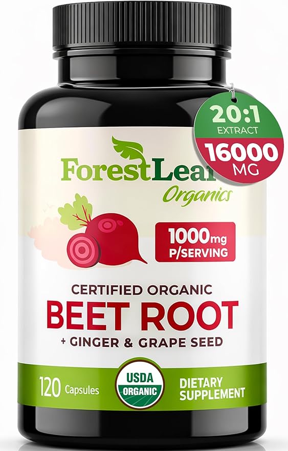 ForestLeaf USDA Organic Beet Root Capsules - Beetroot Supplement 1000mg 20:1 Extract w/Ginger Grape Seed - Support Blood Pressure Nitric Oxide Flow Circulation - Made in USA - 120 Caps