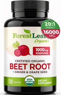 ForestLeaf USDA Organic Beet Root Capsules - Beetroot Supplement 1000mg 20:1 Extract w/Ginger Grape Seed - Support Blood Pressure Nitric Oxide Flow Circulation - Made in USA - 120 Caps