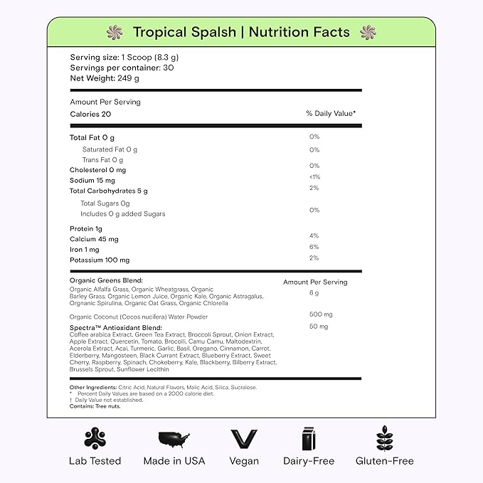 Kiala Nutrition Super Greens Organic Greens Powder with Spirulina &amp Chlorella for Digestion Gut Health Immunity Adaptogens Energy Gluten Free Vegan Sugar Free Tropical Splash 30 Servings