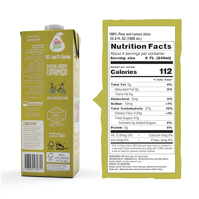 Pura Frutta - Pear Juice - 33.8 fl oz (1L) Juice Box 8-Pack - 100% Cold-Pressed Not From Concentrate (NFC) No Sugar Added - Patagonia Pear - Refreshing &amp Citrusy Beverage
