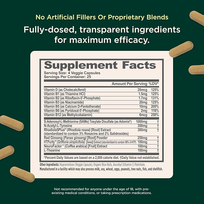 Genius Joy - Nootropic Supplement w/Sam-e Panax Ginseng &amp L-Theanine – 100 veggie pills