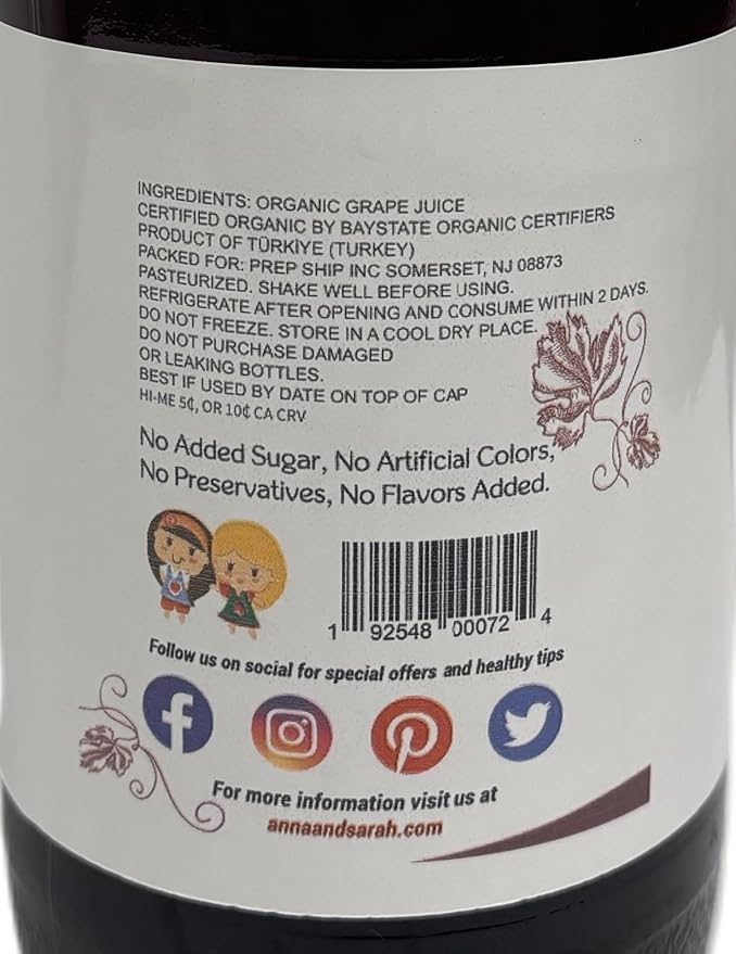 Anna and Sarah 33.8 Oz Organic Grape Juice - Glass Bottle (6 Pack) No Sugar No Artificial Colors No Preservatives No Flavors Added not from CONCENTRATE