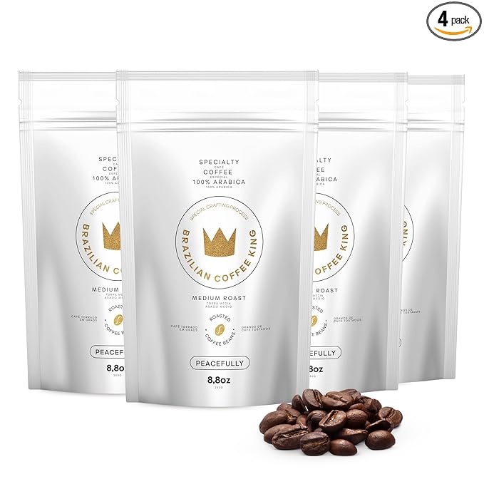 4-Pack Specialty Whole Bean Coffee Peacefully – Arabica Roasted on the Farm – Freshness and Authentic Flavor Notes of Chocolate Vanilla and Nuts – Carefully Harvested – Brazilian Coffee King