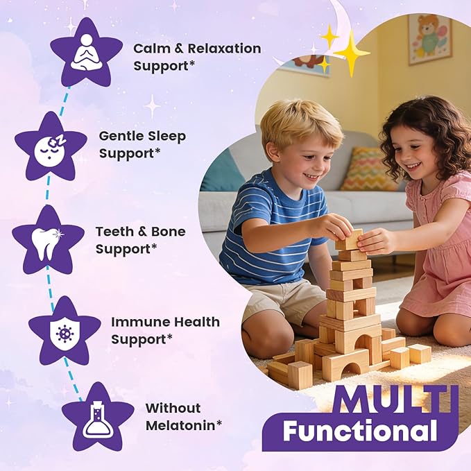 Kids Sleep Gummies Magnesium Bisglycinate 100/200 mg + 200/400 mg Calcium Citrate for Kids 4+ w/L-Theanine B6 Zinc D3K2 &amp GABA Lemon Balm Chamomile Extract for Zzz &amp Relax Bone Muscle