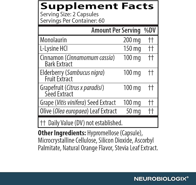 Neurobiologix Neuro-Immune Infection Control Monolaurin &amp L Lysine with Elderberry Olive Leaf Cinnamon Bark &amp Grape Seed Daily Immune Support for Men Women &amp Kids Gluten Free 120 Ca