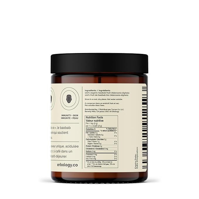 Erbology Organic Baobab Powder 3.2 oz - 45 Servings - Skin Health and Immunity Support - Rich in Vitamin C B Vitamins and Polyphenols - Sustainably Sourced Straight from Farm - Vegan - GMO-Free