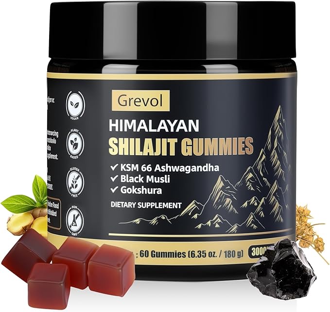 Himalayan Shilajit Gummies with Ashwagandha - Fulvic Acid &amp 85+ Trace Minerals - No Added Sugar - Shilajit for Men &amp Women - 60 Gummy