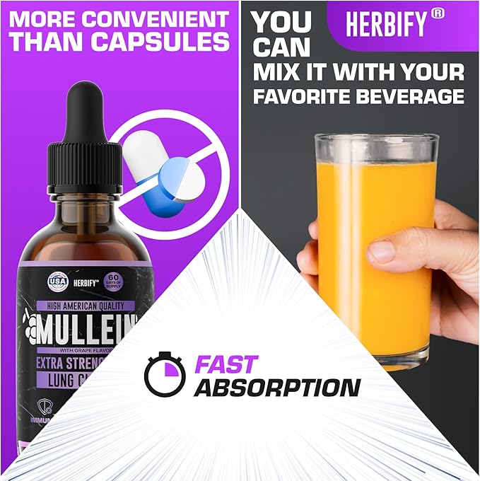 HERBIFY Mullein Drops - Lung Cleanse - Leaf Extract - Powerful Mullein for Immune Support Detox &amp Respiratory Support - Made in USA - Herbal Supplements - 4 Oz Grape Flavor