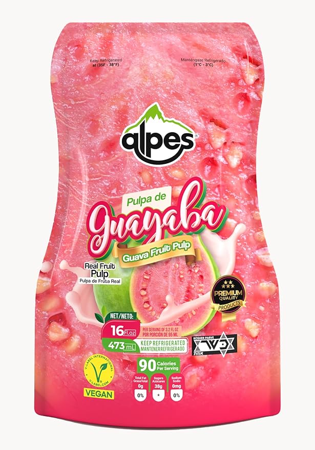 Alpes Premium Guava Pulp 100% Real Fruit Tropical Guayaba. Ideal for Cocktails Juices Smoothies Desserts Gourmet Sauces Ice creams &amp Snacks 1 Pack 16 fl oz.