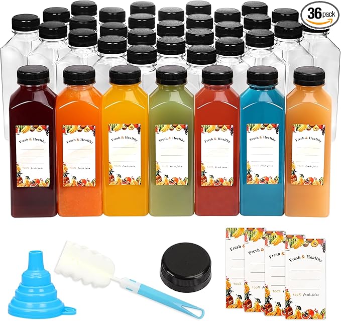 Moretoes 36pcs 16oz Juice Bottles Plastic Bottles with Lids Reusable Clear Containers for Juice Smoothies Cola Water and Other Beverages