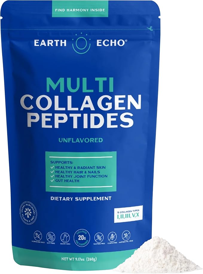 Earth Echo Multi Collagen Peptides Powder - Unflavored Hydrolyzed Collagen with Vitamin C &amp Hyaluronic Acid for Skin Joints Gut &amp Immunity - Non-GMO Dairy-Free Keto-Friendly - 26 Servings
