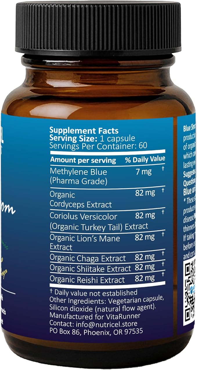 Methylene Blue Capsules with Mushroom Extracts: Lion's Mane Reishi Cordyceps Chaga Shiitake Turkey Tail - Trusted Made in America - 7mg (USP Grade) (60ct)
