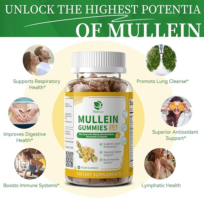 (2 Pack) 9 in 1 Mullein Gummies for Lung Cleanse &amp Lymphatic Drainage* Extra Strength Mullein Leaf Extract w/Quercetin Bromelain Elderberry &amp Marshmallow for Respiratory &amp ImmunityVega
