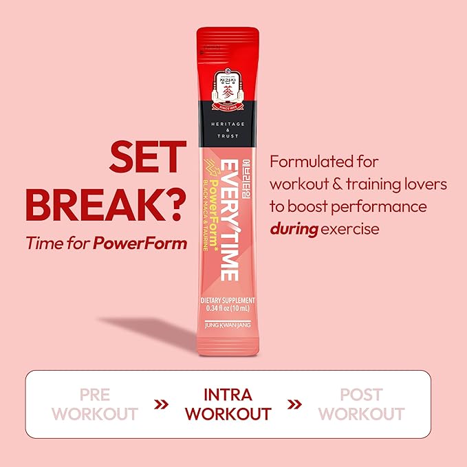 JUNG KWAN JANG US Everytime PowerForm - Intra Workout Herbal Energy Drink Packets with Korean Red Ginseng Black Maca Root &amp Taurine - Non GMO (0.33 fl oz 10 Sticks)
