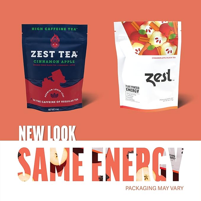 Zest Energy Tea - Cinnamon Apple Spice High Caffeine Black Tea Loose Leaf Blend - Caffeinated Coffee Altnernative/Substitute - Natural Non-GMO &amp Keto Friendly - Hot or Iced - 50 Servings - 150mg
