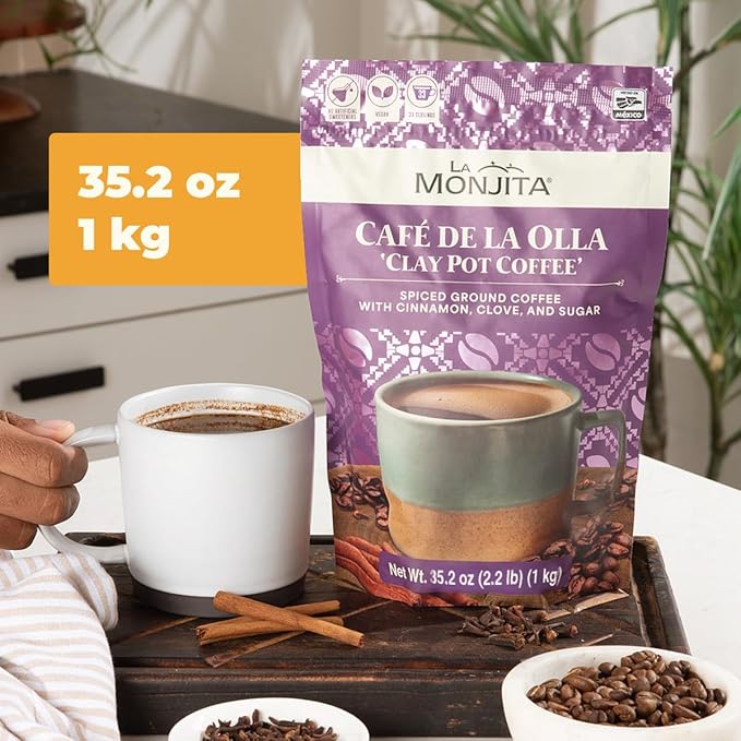 La Monjita Traditional Mexican Coffee - Café de la Olla – 34 Servings – Ground Coffee Blend with Cinnamon &amp Clove (1kg / 35.2oz Pouch)